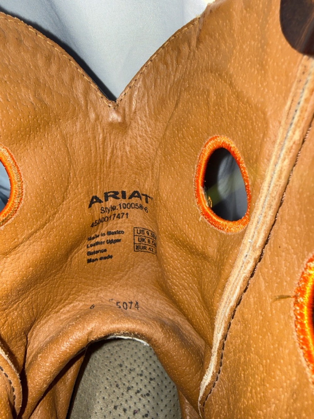 Ariat Brown and Tan Western Cowboy Boots with Orange Stitching - Picture 5 of 5